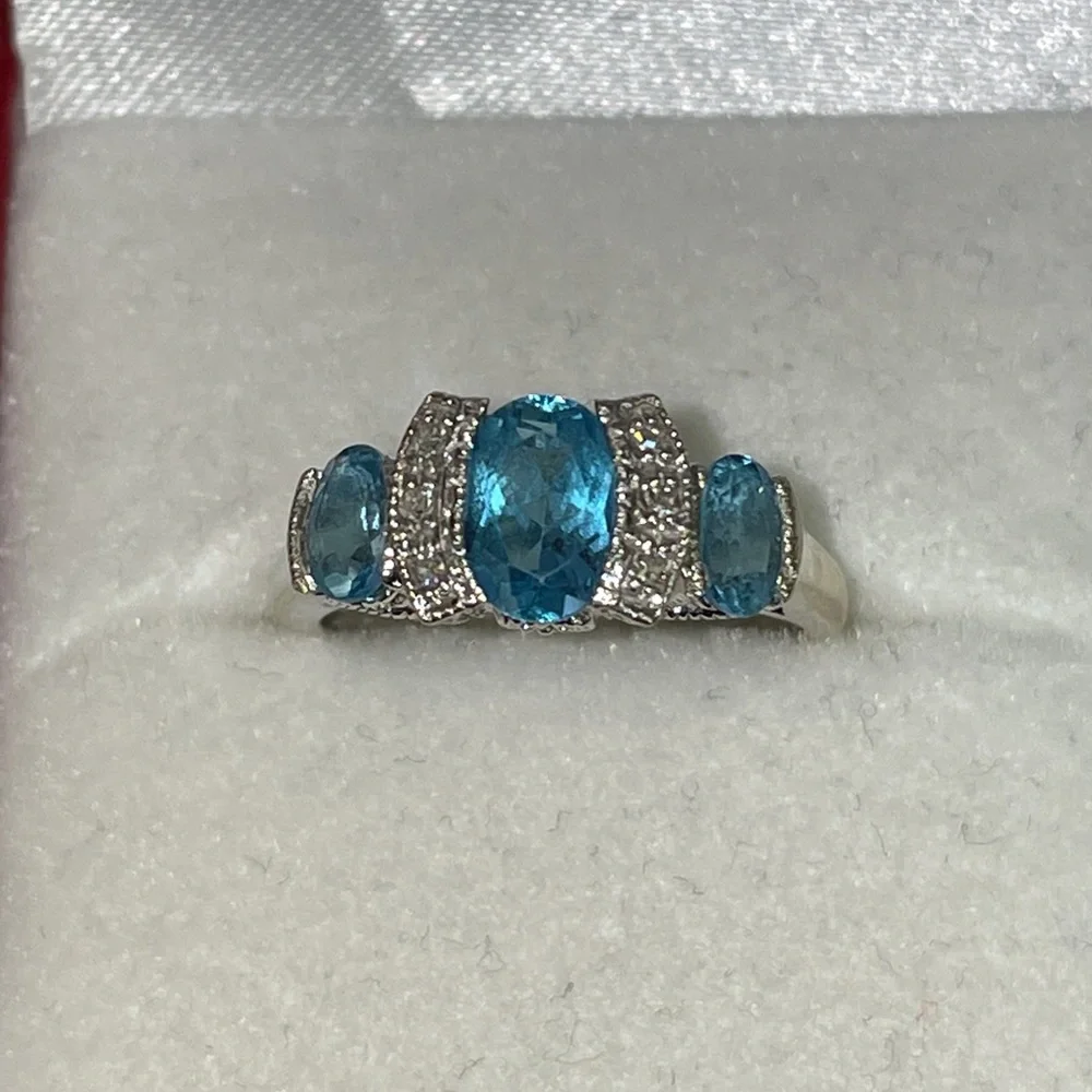 Solid Stamped 14K White Gold Oval Trio Natural Blue Topaz Diamond Ring